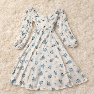 White Floral Puff-Sleeve Midi Dress with Blue Bouquet Print